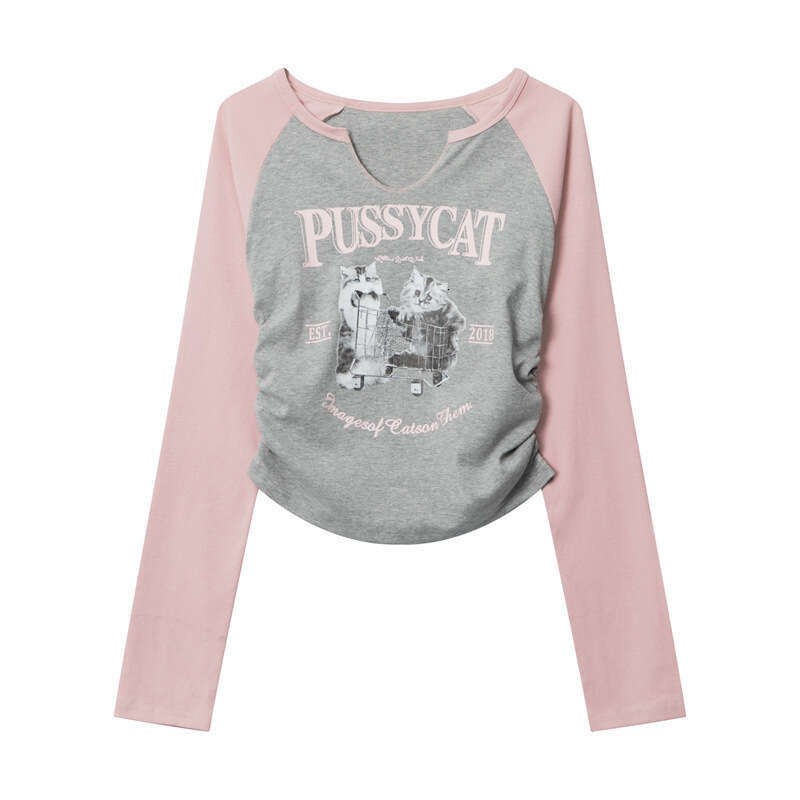 Color-Block Long Sleeve T-Shirt Women's Spring Ruched Design Hot Girl Slim Fit Short Top B3