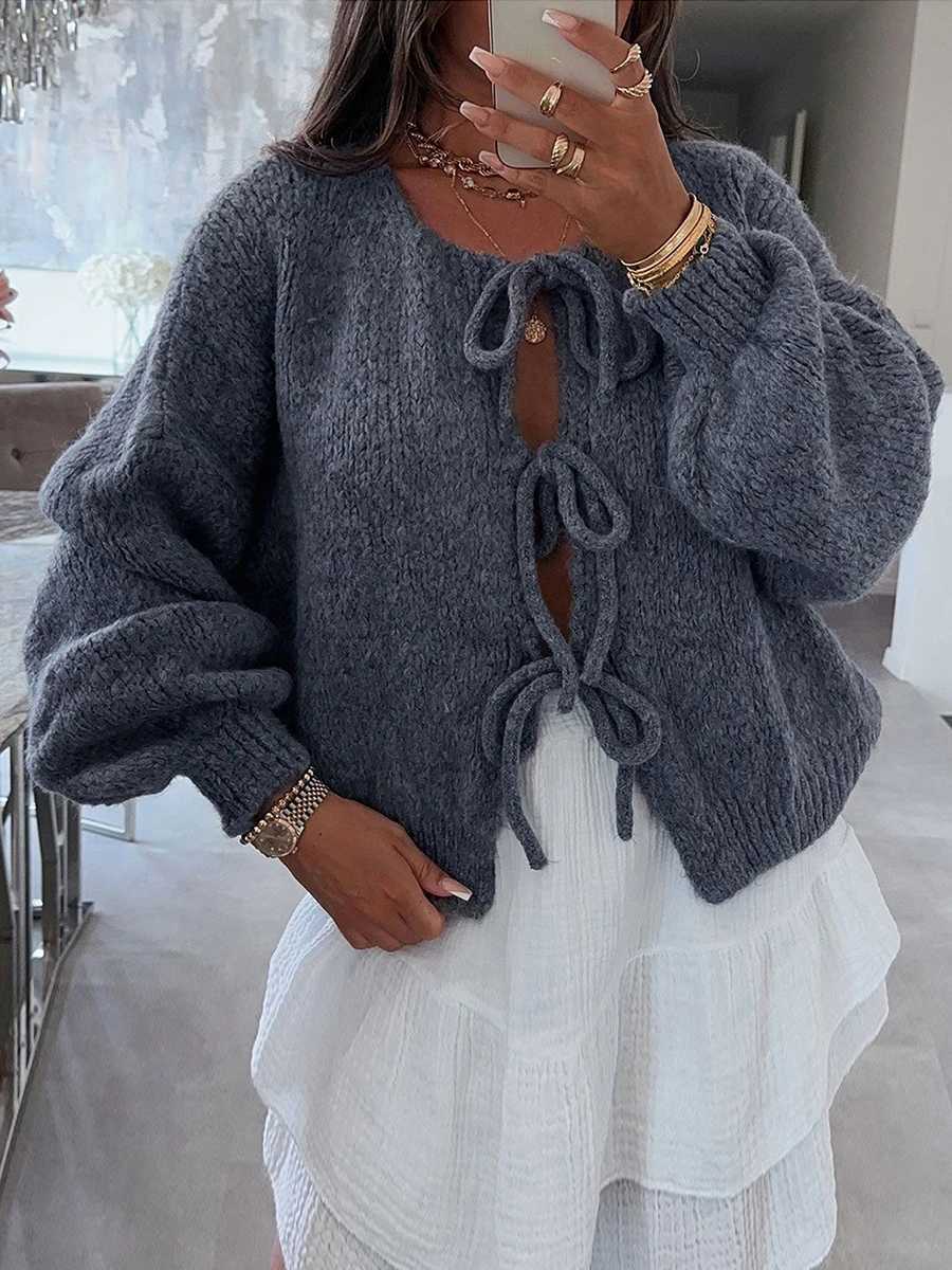 Fashion Knitted Bow Lace Up Cardigan Women Sweater Y2k Open Front Sweet Knitted Cardigan Lantern Sweater Oversized Cardigan XJ250819