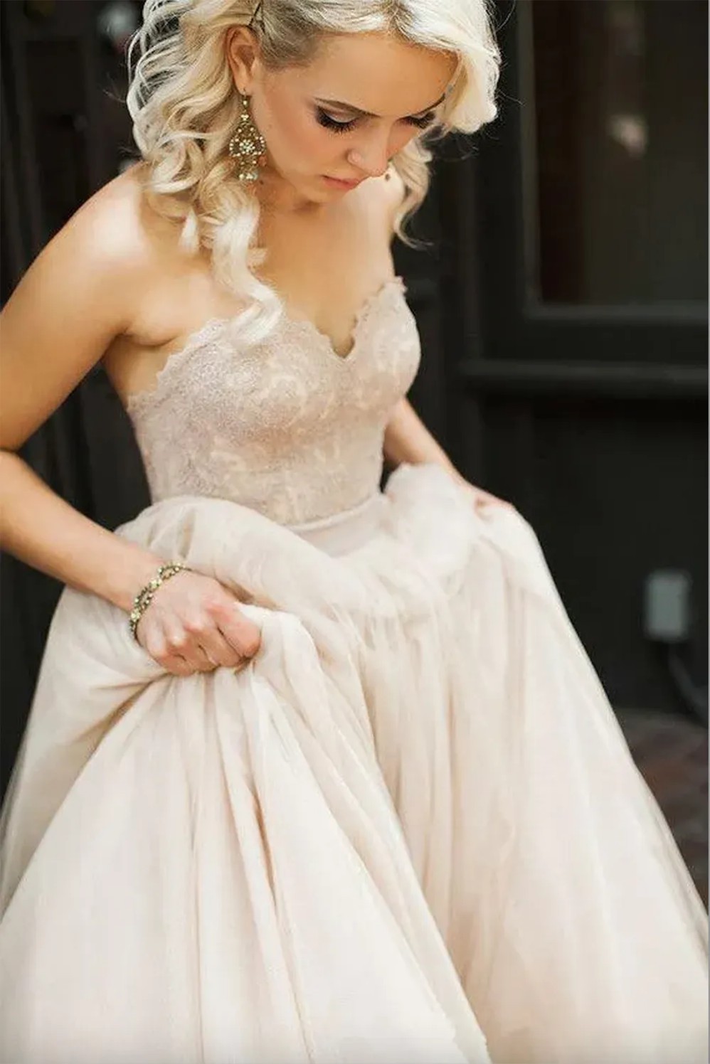 Blush Pink Lace Top Wedding Dresses Sweetheart Backless Bow Sash Boho Wedding Gowns Robe de Mariage Bridal Dress