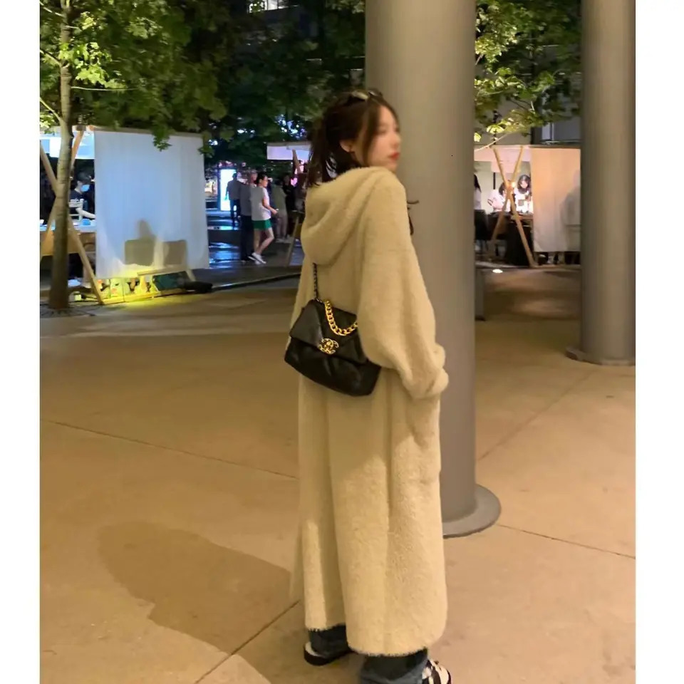 korean fashion hooded long cardigan women knitted sleeve winter style clothes knitwears fall pink 250819