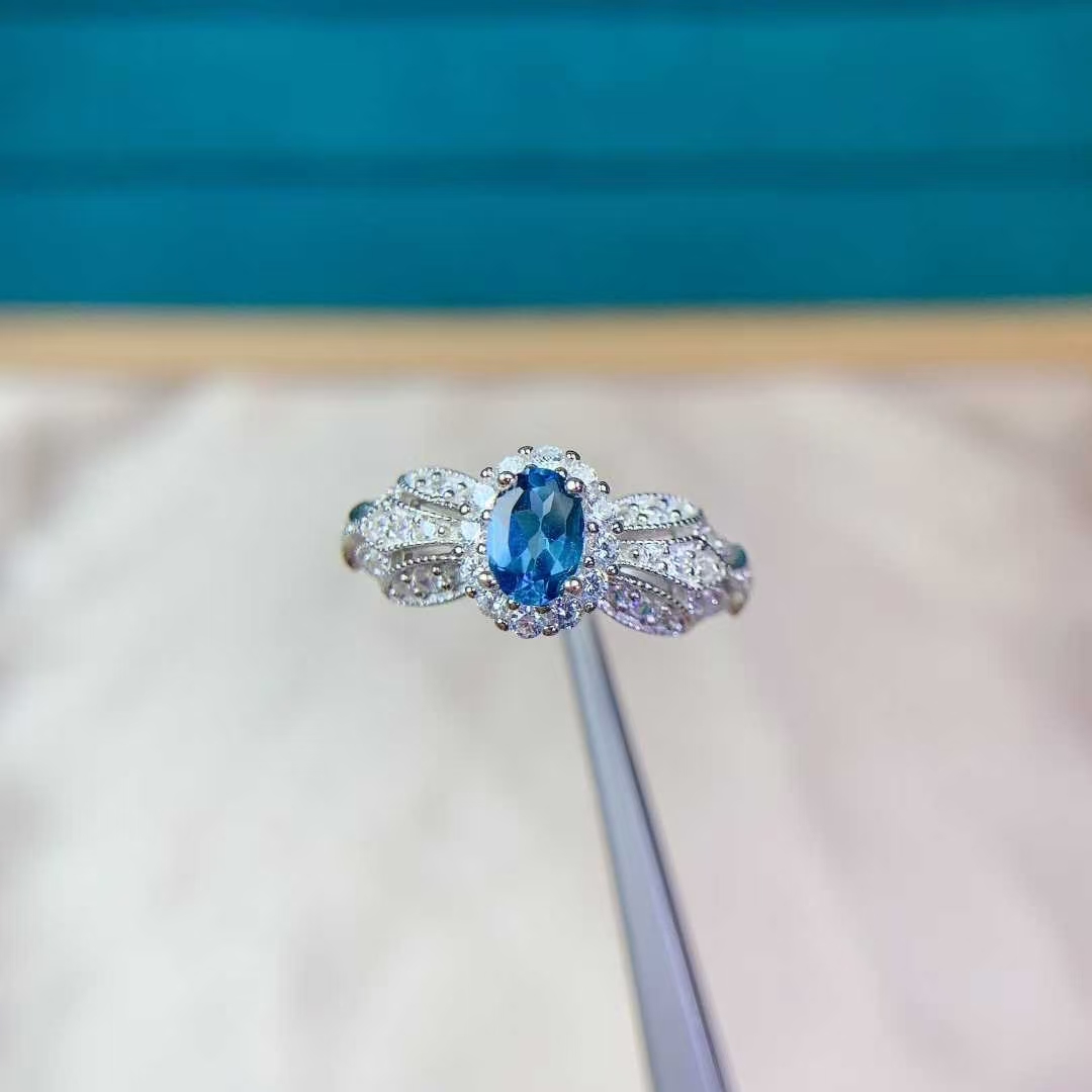 Genuine 925 silver gemstone ring London blue topaz ring 0.5ct 4mm*6mm VVS grade natural topaz jewelry birthday gift for women