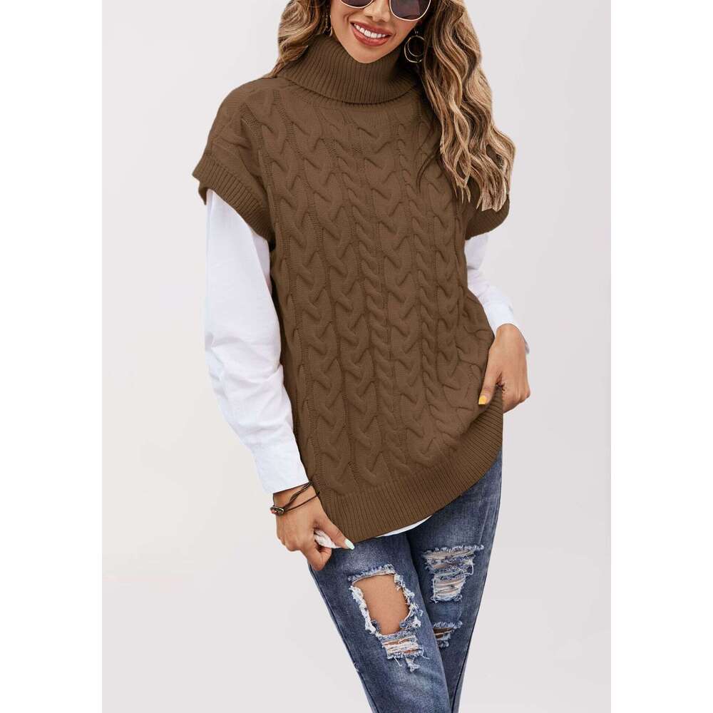 Autumn Winter New Temu Sleeveless Button Rope Vest Knitted Loose Pullover High Neck Sweater For Women B5