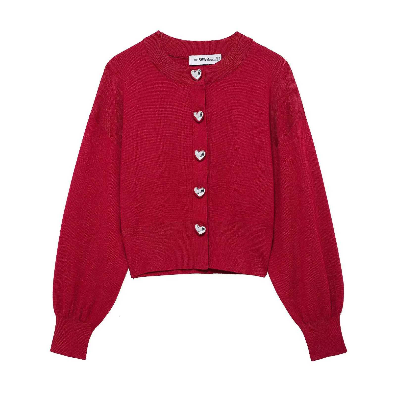 2025 New Red Heart Round Neck Short Lantern Sleeve Knitted Cardigan Sweater Jacket for Women Spring and Autumn XJ250819