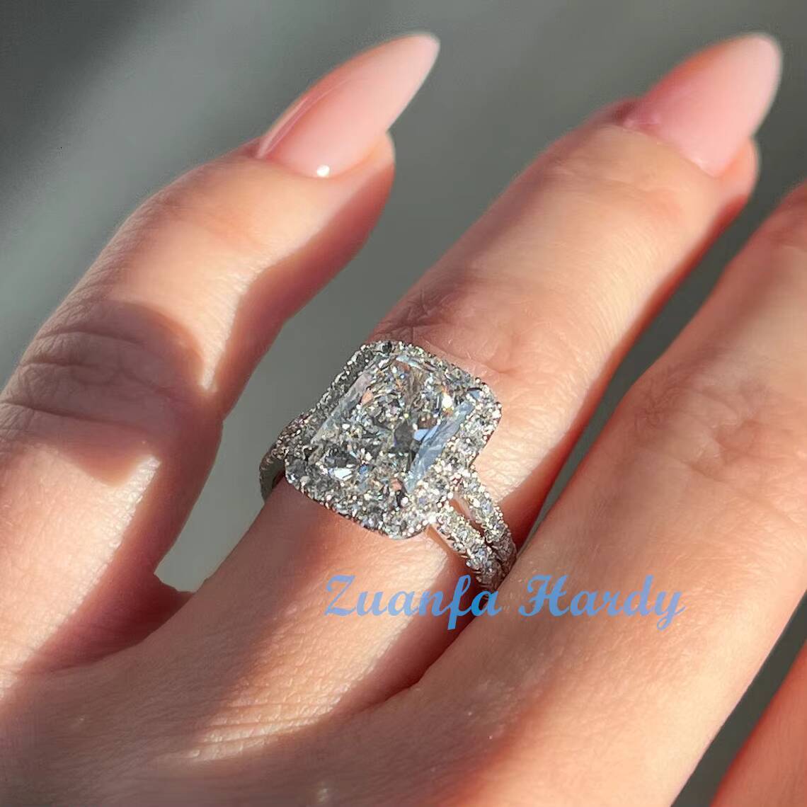Custom 3ct Radiant Lab Grown Cultivated Diamond Ring 14K White Gold Fine Jewelry Hola Engagement Wedding Moissanite RingA