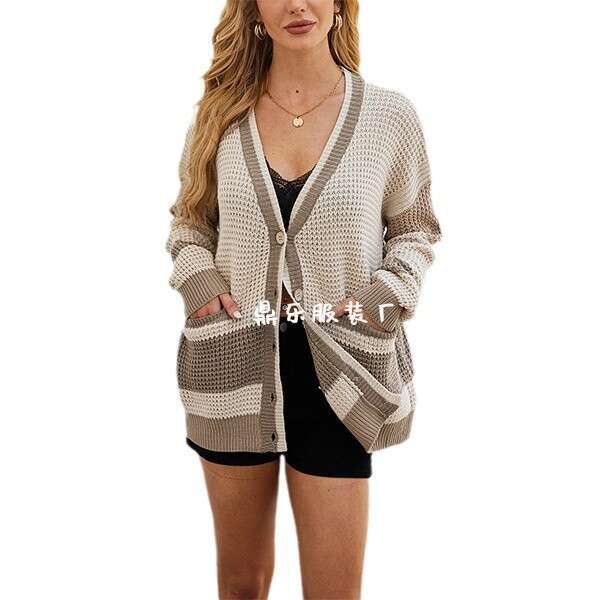 New Autumn Winter Knitted Coat Plus Size Pocket Color Block Cardigan Sweater Women's Clothing B5