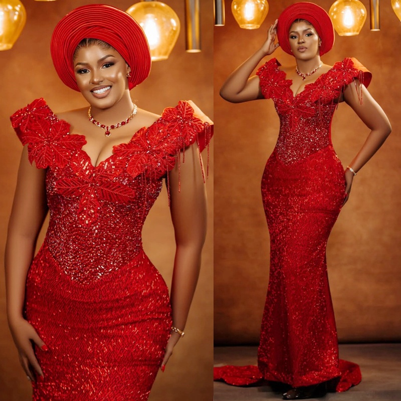 Classic Plus Size Aso Ebi Red Mermaid Prom Dress 2025 Evening Dresses Robe De Sorrie V Neck Beaded Sequined Lace Flora Birthday Dress Second Reception