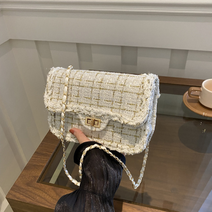Free Shipping Designer's New Trendy Woolen Plaid Women's Crossbody Bag Simple Fashion Personalized Chain Single Shoulder Small Square Bag Ca