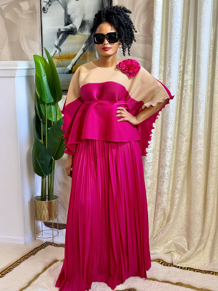 Pleated skirt top set Fashionable Dual Pack of Pleated & Multi-Colored Overall Outfits Two pairs of pleated and color-blocked overalls 25306