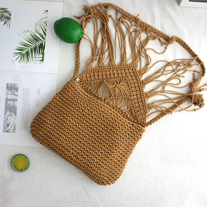 Handmade Cotton Woven Knitted Tassel Crossbody Bag Vintage Shoulder Messenger Bag Female Fashion Beach Summer Handbags for Women 250814