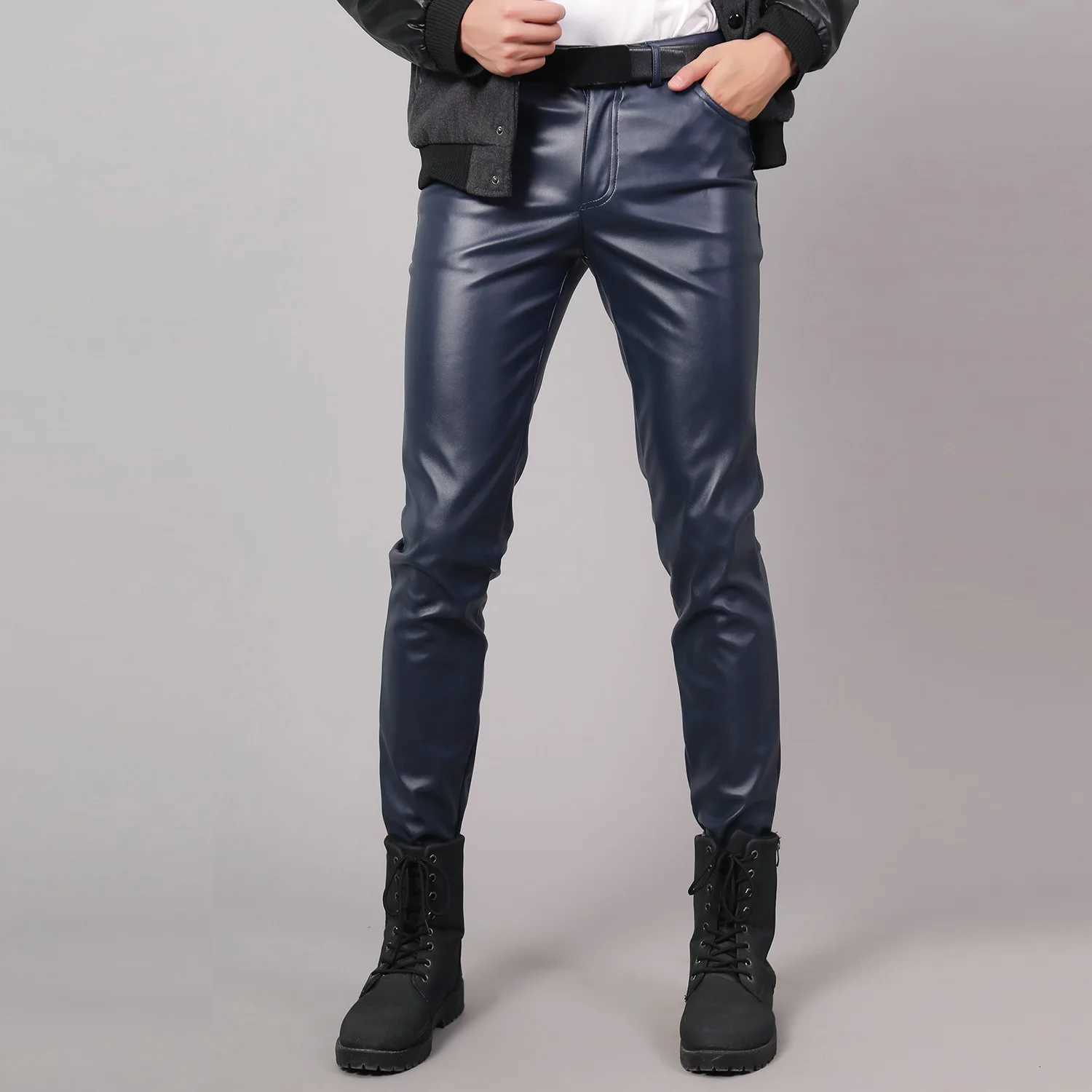 Spring Summer Moto Skinny Elastic Faux Leather Pants Men Black Gold White Thin PU Leather Trousers Brand Men Clothing 28-38 40 W250819