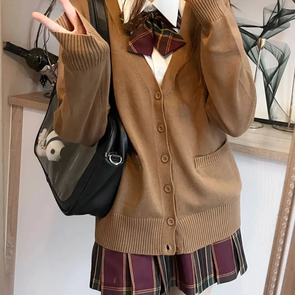 Japanese fashion solid color Vneck knitted sweateroriginal JK uniform cardigan topautumn and winter womens cotton sweater 250819
