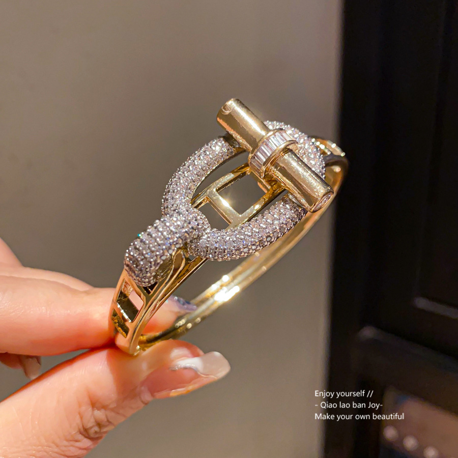 Gold Tone Lock - Chain Shaped Cuff Bracelet With Crystal Accents Elegant Daily And Special Occasions Gift For Her High Quality And Stylish Jewelry