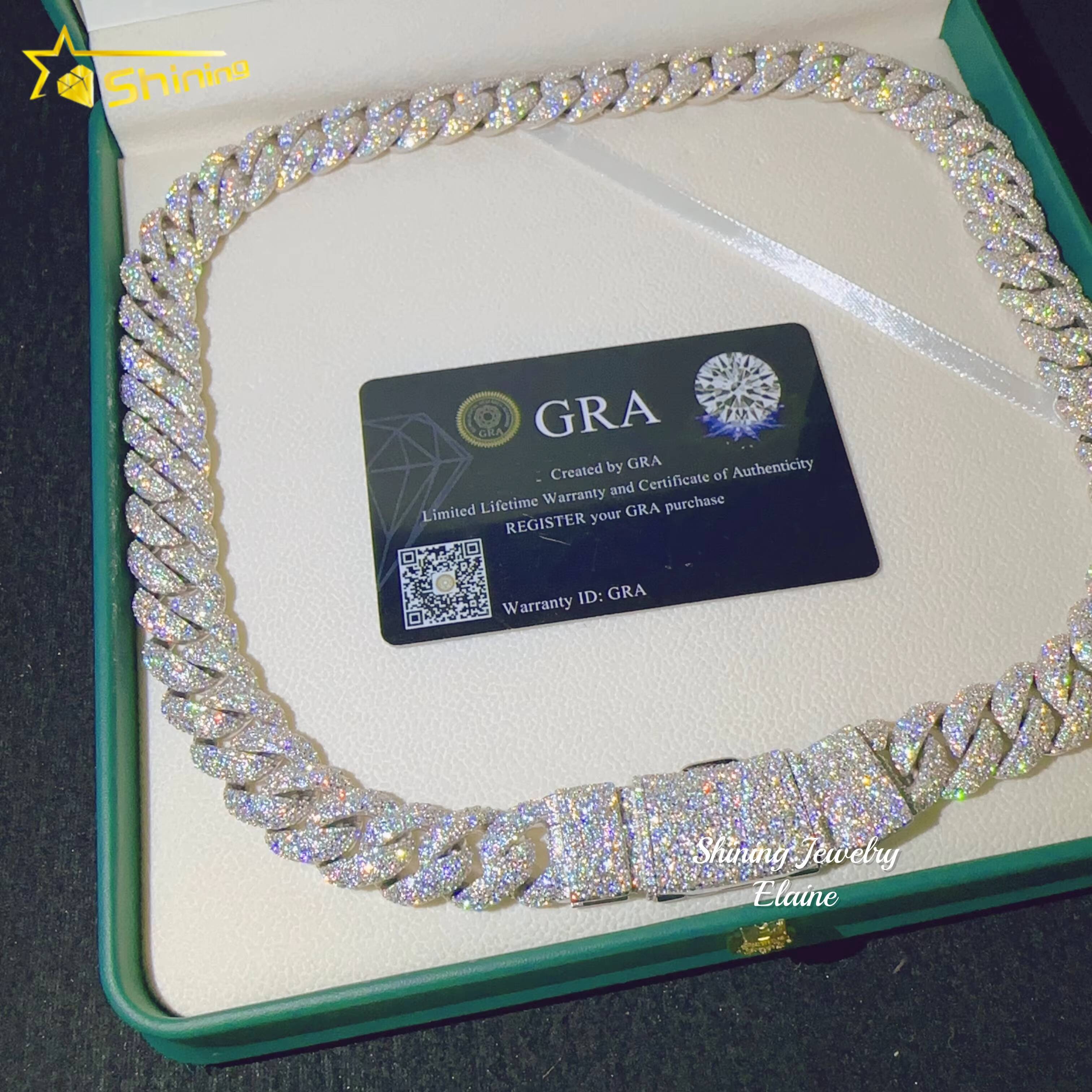 High Quality 925 Sterling Silver Custom Hip Hop Fashion Iced Out VVS Moissanite Gold 15MM Width Cuabn Bracelet Link Chain