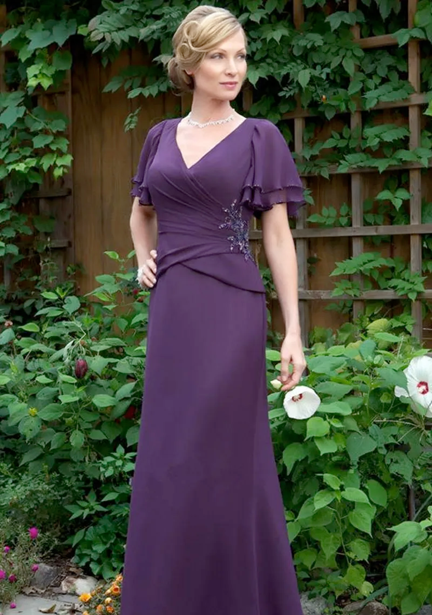 New Dark Purple Mother Of The Bride Dresses V Neck Ruched Short Sleeves Mother's Dresses Long Chiffon Evening Party Gowns