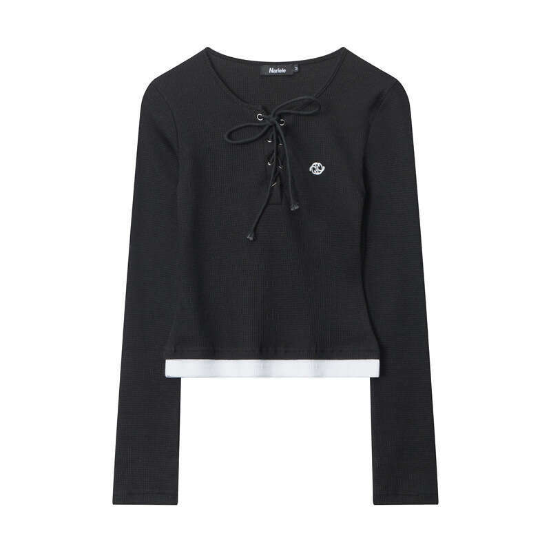 Spring And Autumn Waffle Design Slim Fit Color-Block Round Neck Tie-Up Hot Girl Long Sleeve Women's T-Shirt B3