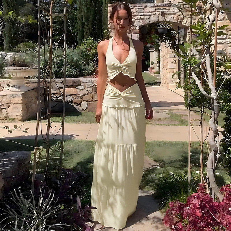 D9754 Womens Fashion Sexy V-neck Ruffle Halter Neck Tie Knot Long Dress Two-piece Set