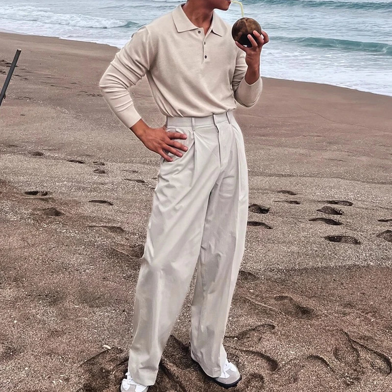 2025 Spring Autumn Fashion Mens Polo Shirts Knitted Long Sleeve Button-up Polo Neck Tops Vintage Solid Color Mens Pullover Tops 250818