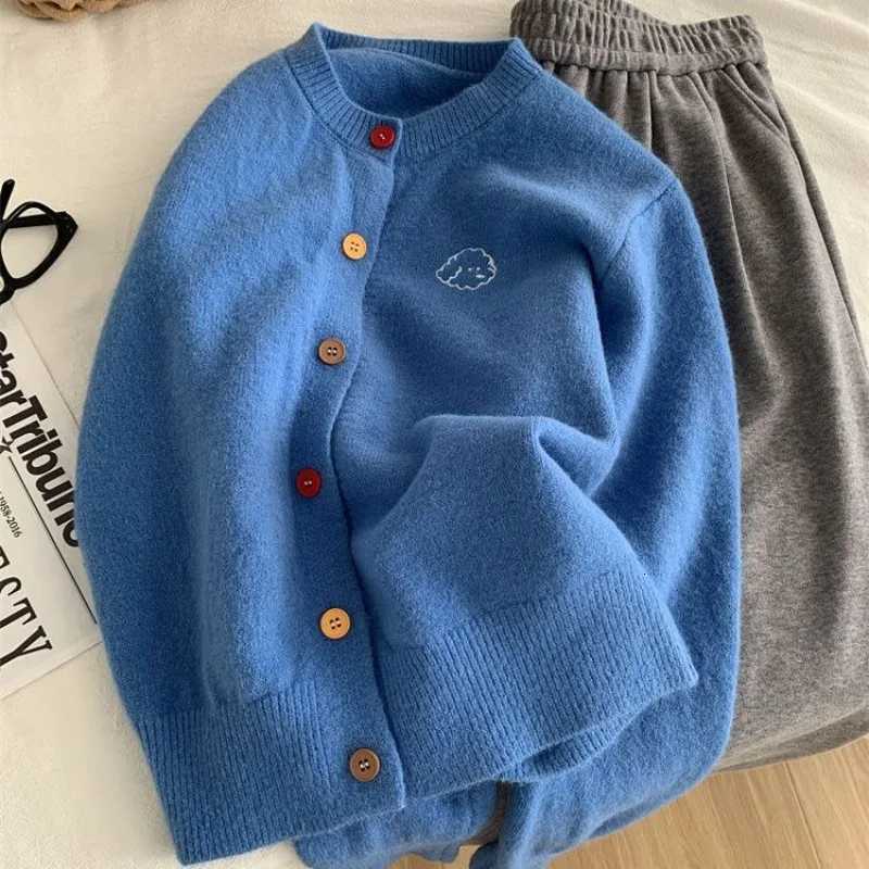 Gentle Vintage Dog Embroidered Cardigan Women 2025 Fall Winter Round Neck Knit Sweater Coat Petite Soft Yarn XJ250819
