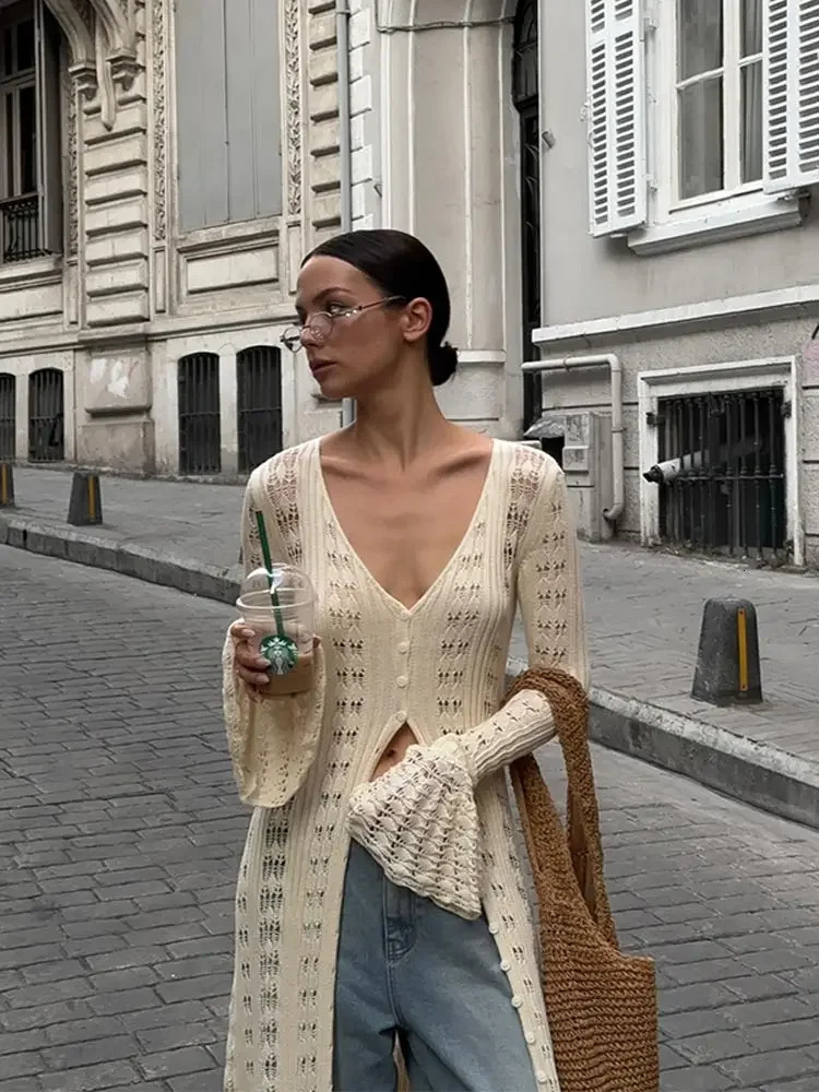 BWQ Chic Singlebreasted Hollow Out Knitted Cardigan Women Elegant V Neck Flare Long Sleeve Coat Autumn Fashion Streetwear 250819