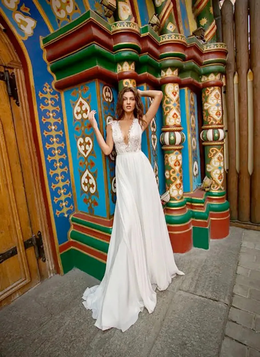 papilio bohemian dresses deep v neck lace appliques chiffon bridal gowns plus size beach wedding gown vestido de novia