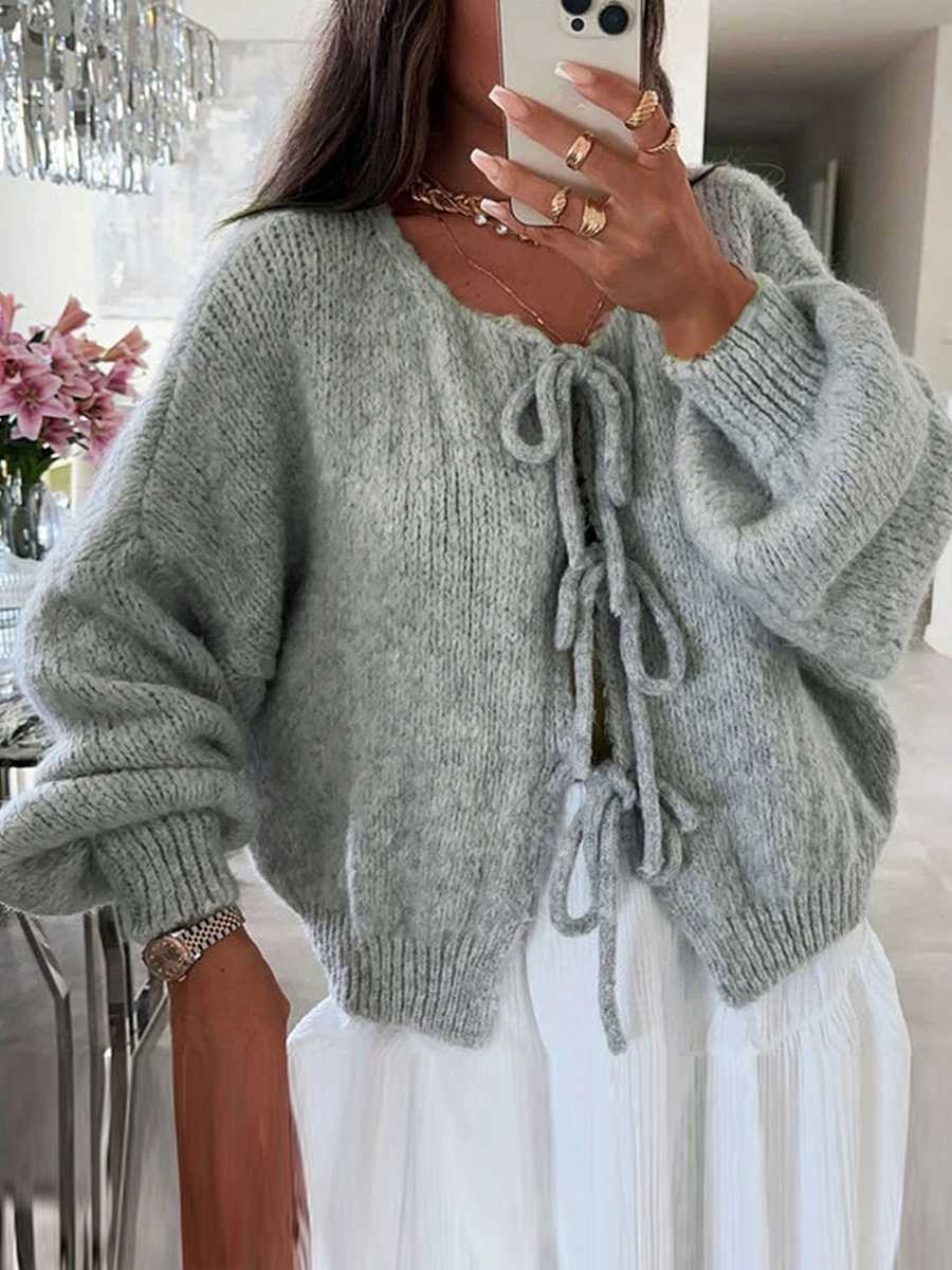 Fashion Knitted Bow Lace Up Cardigan Women Sweater Y2k Open Front Sweet Knitted Cardigan Lantern Sweater Oversized Cardigan XJ250819