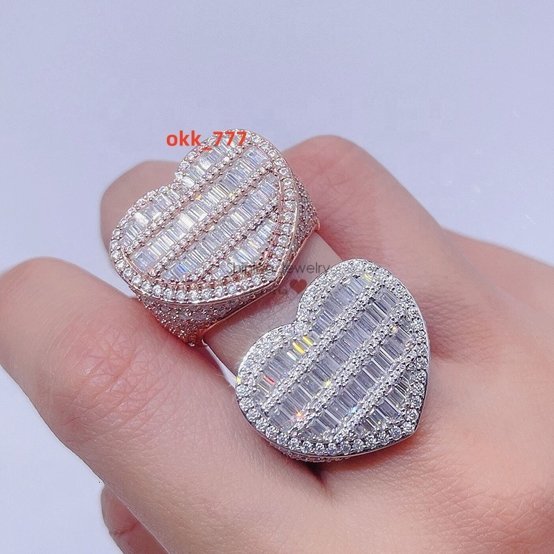 Fully Iced Out with baguette Moissanite Heart Pentagon Shaped Silver Hip Hop Rings