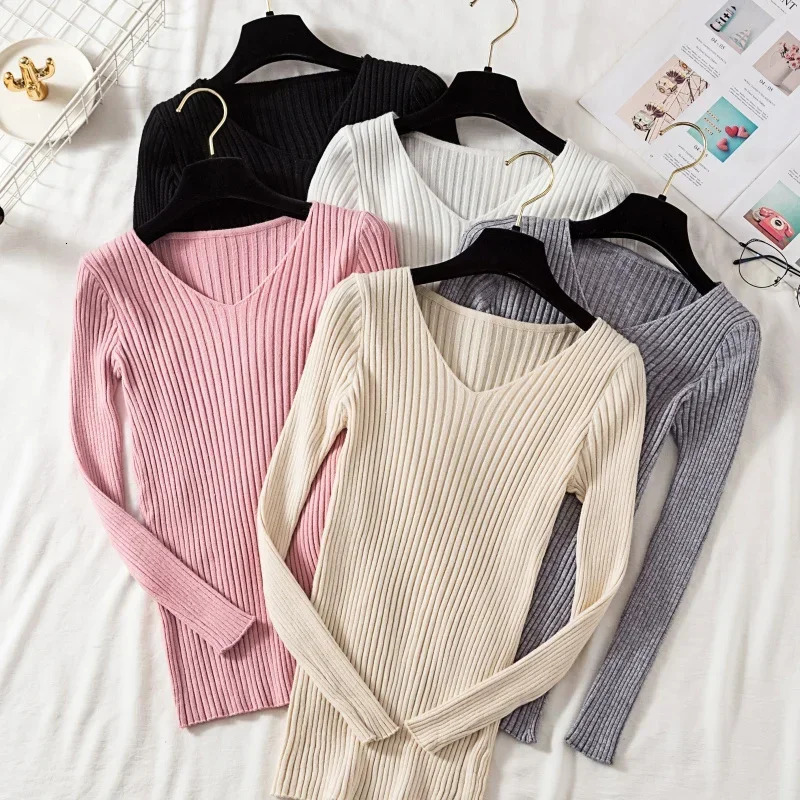Casual Long Sleeve Knitted V Neck Pullover Autumn Winter Women Sweaters Femme Basic Solid Jersey Tops Fashion Clothes 250819