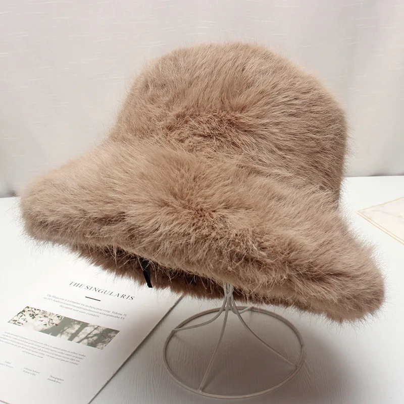 Red plush Bucket hat womens elegant autumn and winter fur bamboo hat Korean version advanced thermal cap large size 250819