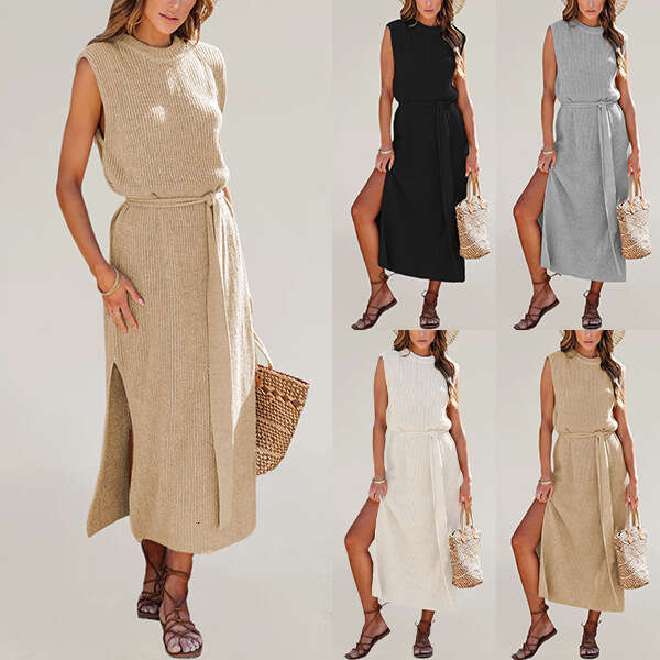 New Women's Round Neck Solid Color Dress With Slit And Belt Knitted Sweater B5