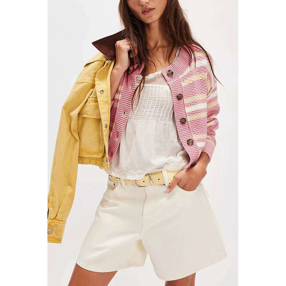 New Tiktok Autumn Winter Knitted Cardigan Striped Color Block Women's Button Coat B3