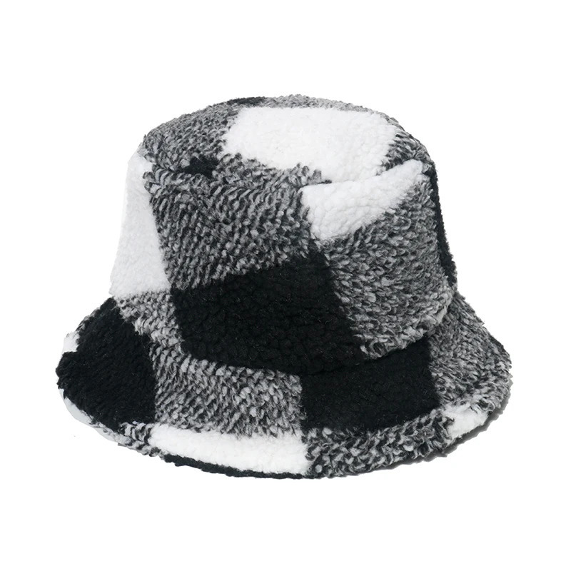 FOXMOTHER Winter Panama British Style Outdoor Lamb Warm Thicken Fluffy Green Tartan Plaid Bucket Hats For Men 250819