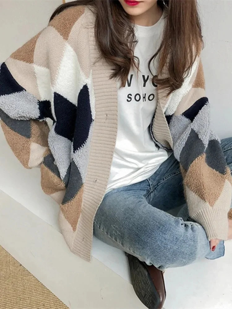 Plaid Chic Cardigans Button Puff Sleeve Checkered Oversized Womens Sweaters Winter Spring Sweater Tops 250819