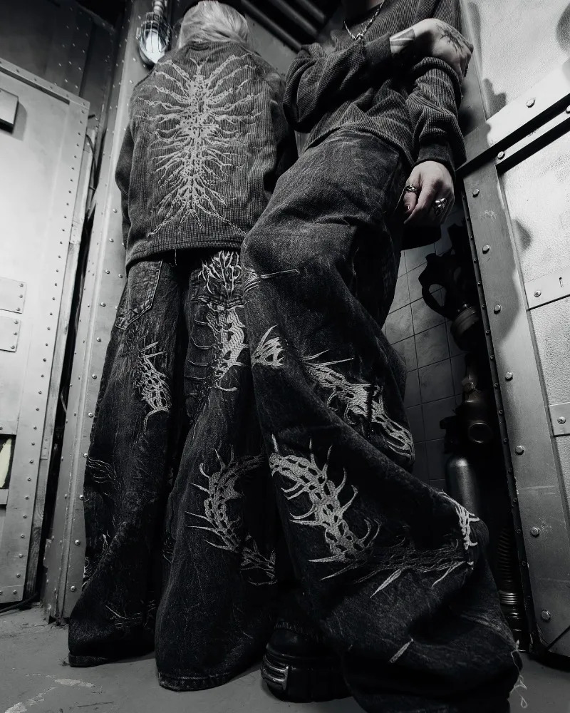 90s Gothic Centipede Embroidery Washed Oversized WideLeg Pants Jeans Men Y2K Harajuku Punk HipHop Rock Couple Street Wear 250915