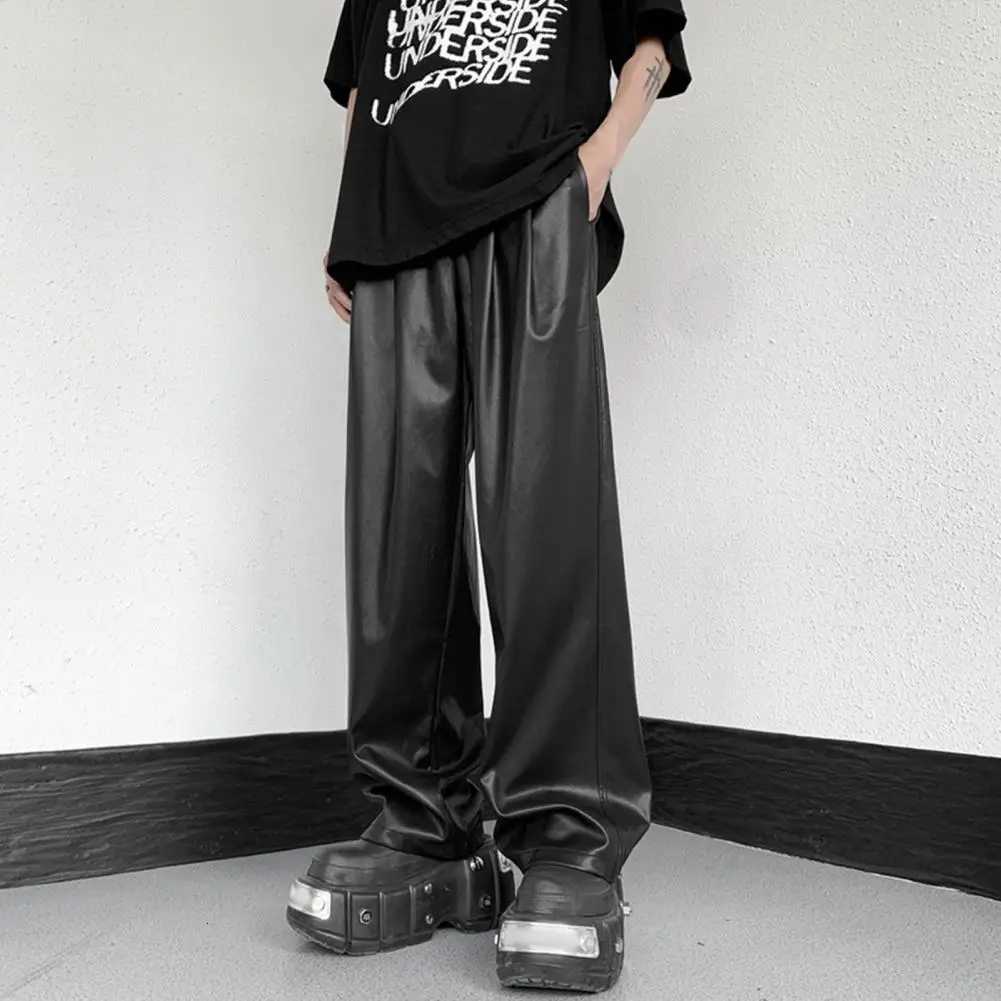 Men Straight Pants Drawstring Elastic Waist PU Leather Pants Hip Hop Wide Leg Loose Streetwear Unisex Waterproof Long Trousers W250819
