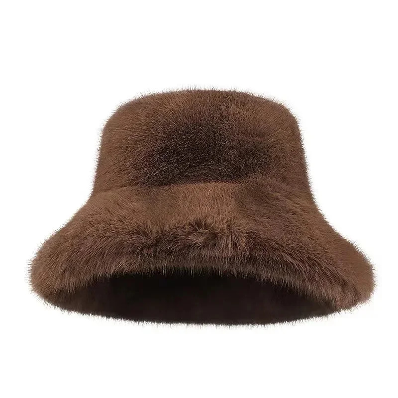 Fluffy Fur Fisherman Hat for Women Winter Plush Ear Protection Cap Solid Fashion Bucket Hat Windproof Warm Female Panama Caps 250819