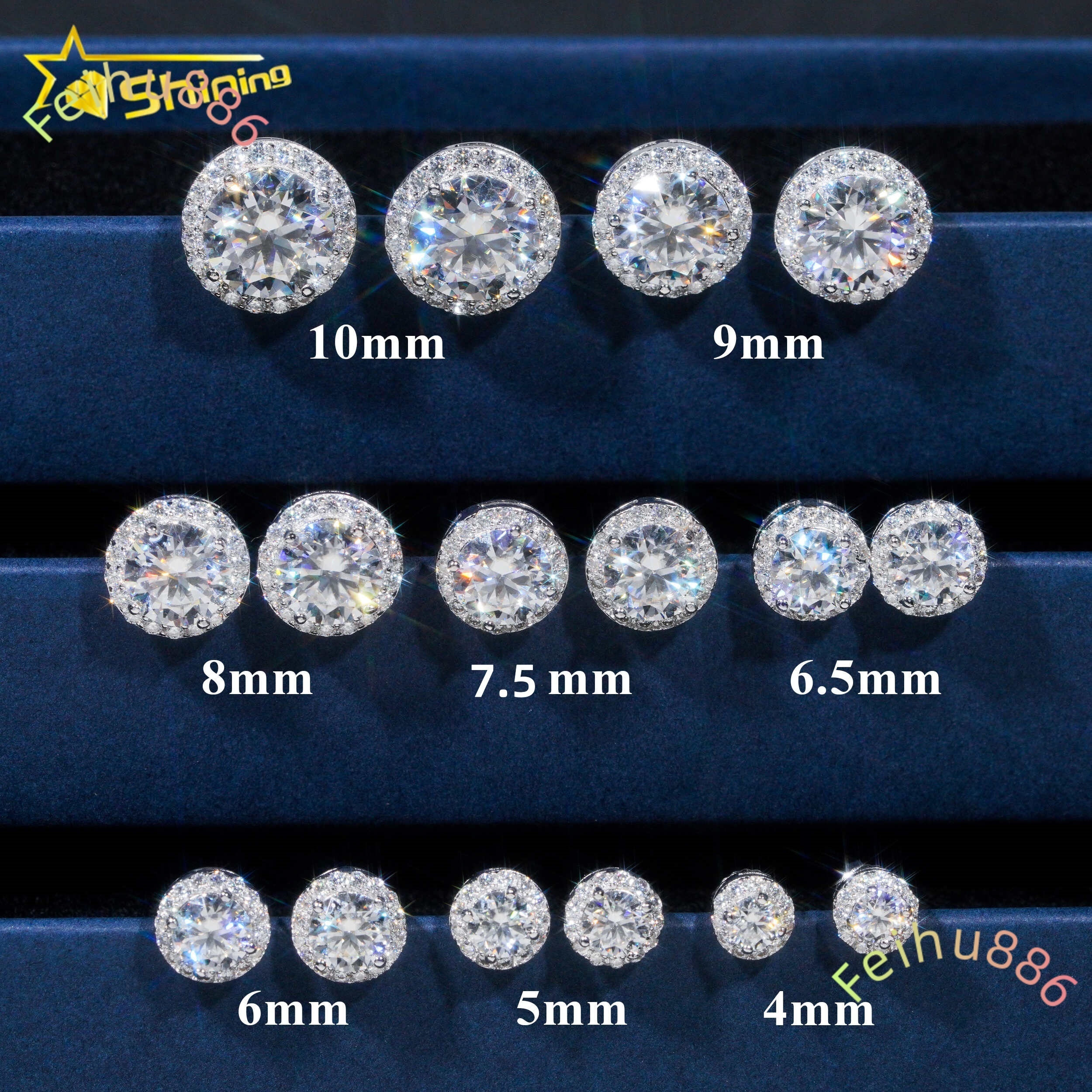 Hot Selling Hip Hop Style 6.5MM 8MM 9MM 925 Silver Halo Design Moissanite Diamond Stud Earrings