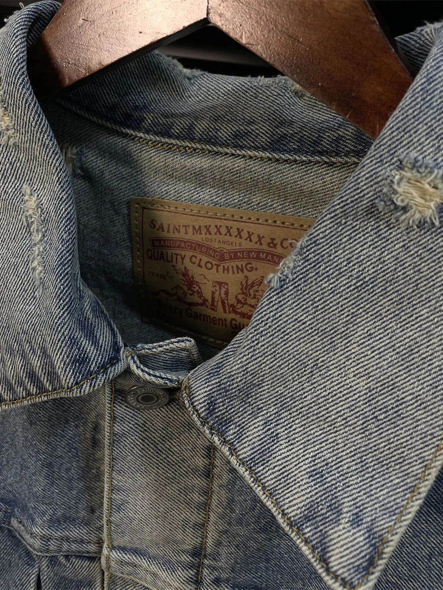 Washed SAINT MICHAEL DAMAGE Denim Work Jeans Jacket Men Women Quality Make Old Blue Heavy Fabric Coat 250819