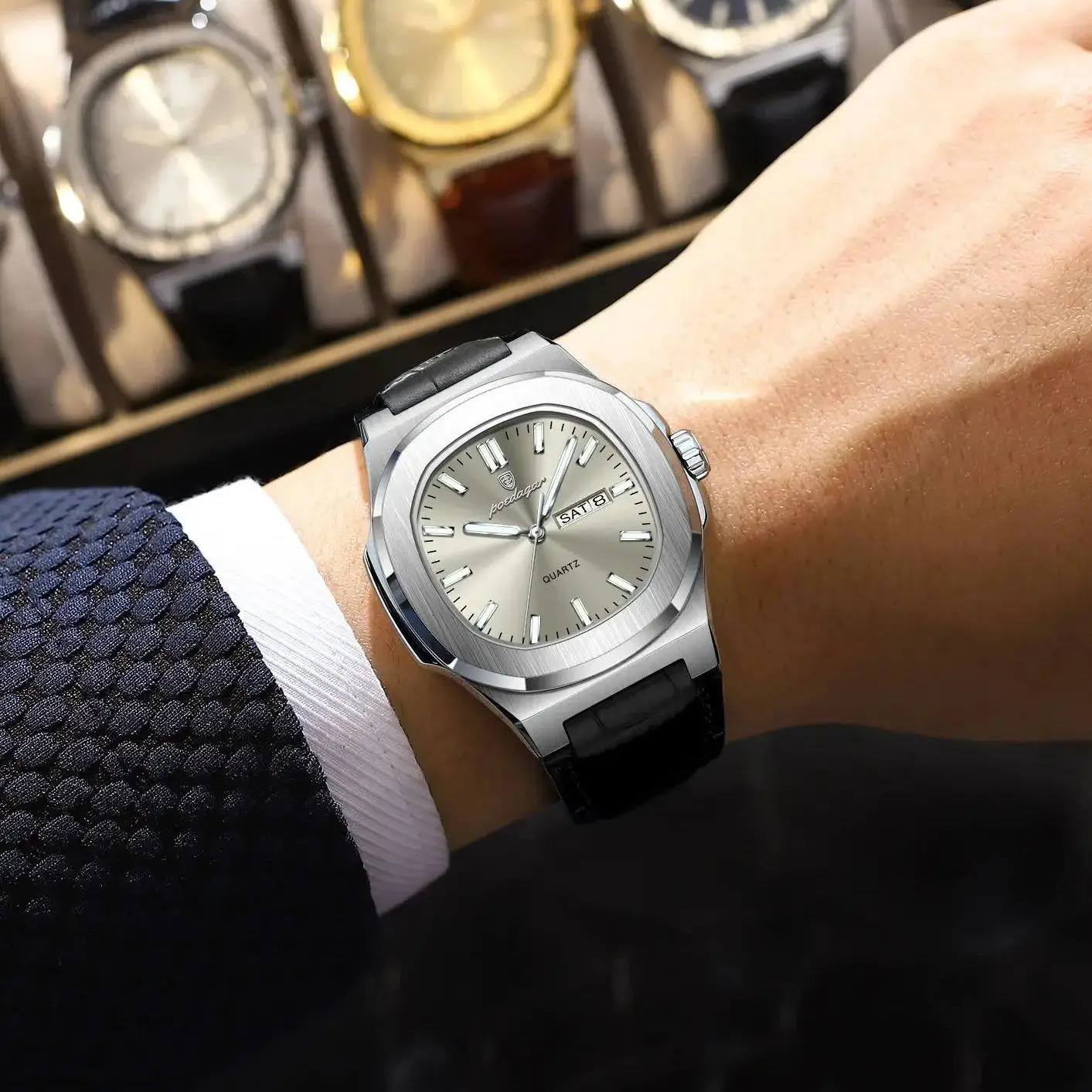 POEDAGAR High Quality Watch For Men Luminous Waterproof Week Calendar Man Clock Leather Square Mens Quartz Watches Reloj 250819