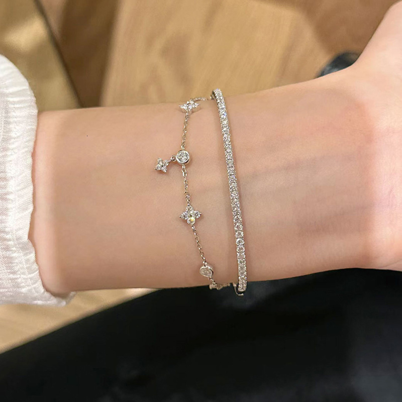 French Style High-End Leaf Clover Sparkling Zircon Bracelet 2025 Summer New Non-Fading Versatile Women's Jewelry
