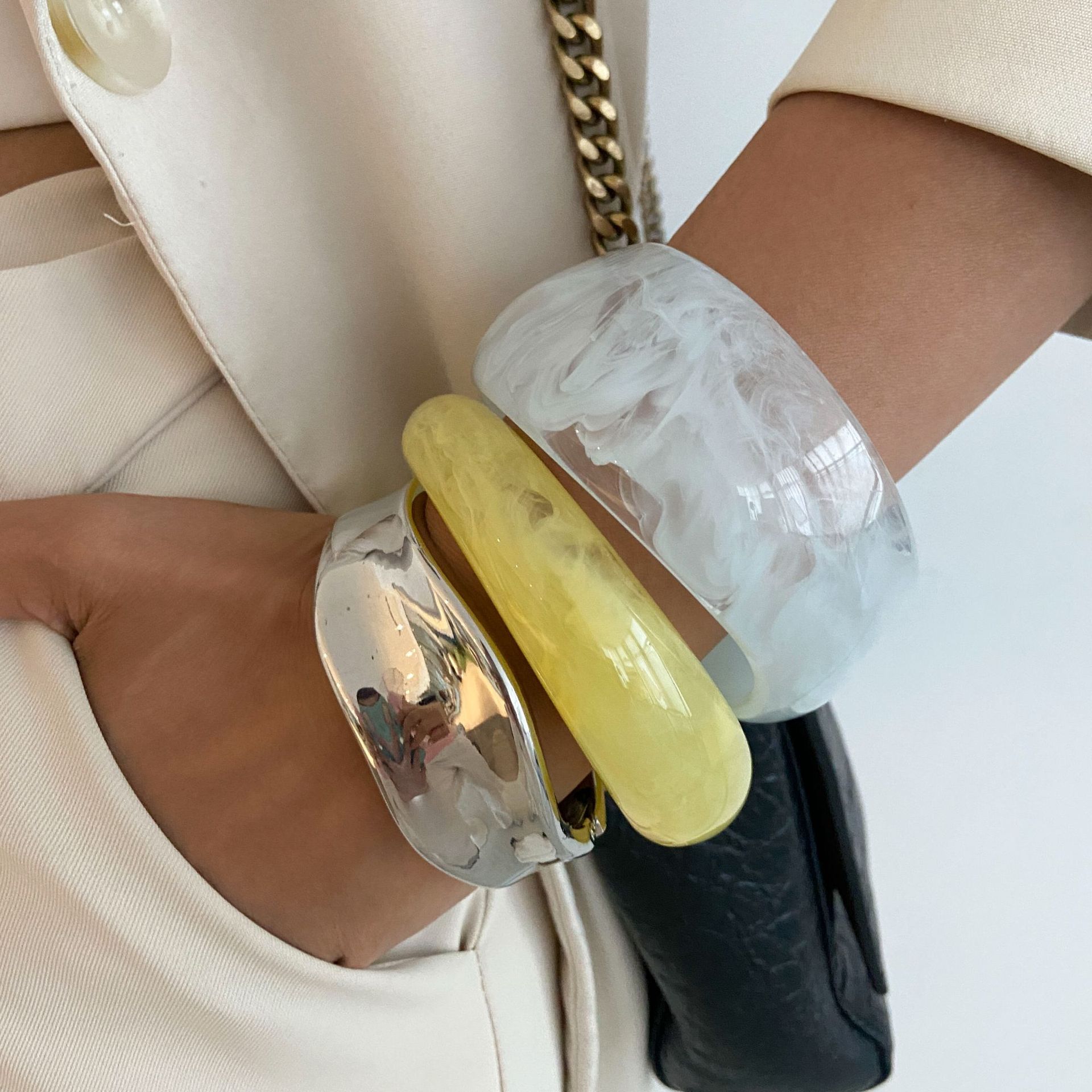 Contemporary Resin Cuff Bracelet Asymmetrical Ombre Blue Wide Bangle with Dual Coil Mechanism