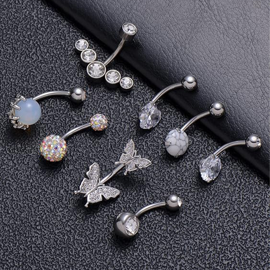8PCS Short Bar Heart Butterfly Snake Skull CZ with Gem ball Stainless Steel Belly Button Rings Navel Rings for Women Barbell Eyebrow Body Piercing Jew