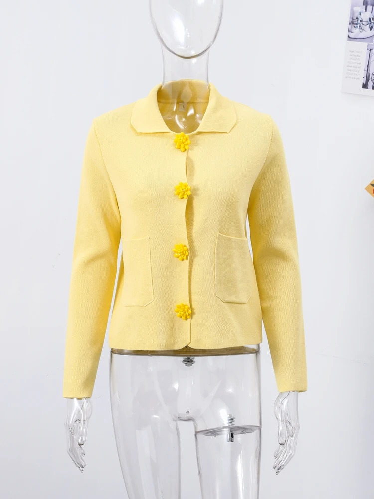 Flower Single Breasted Kntted Cardigans Women Loose Yellow Elegant Turndown Collar Sweaters Spring Casual Top Lady Coat 250819