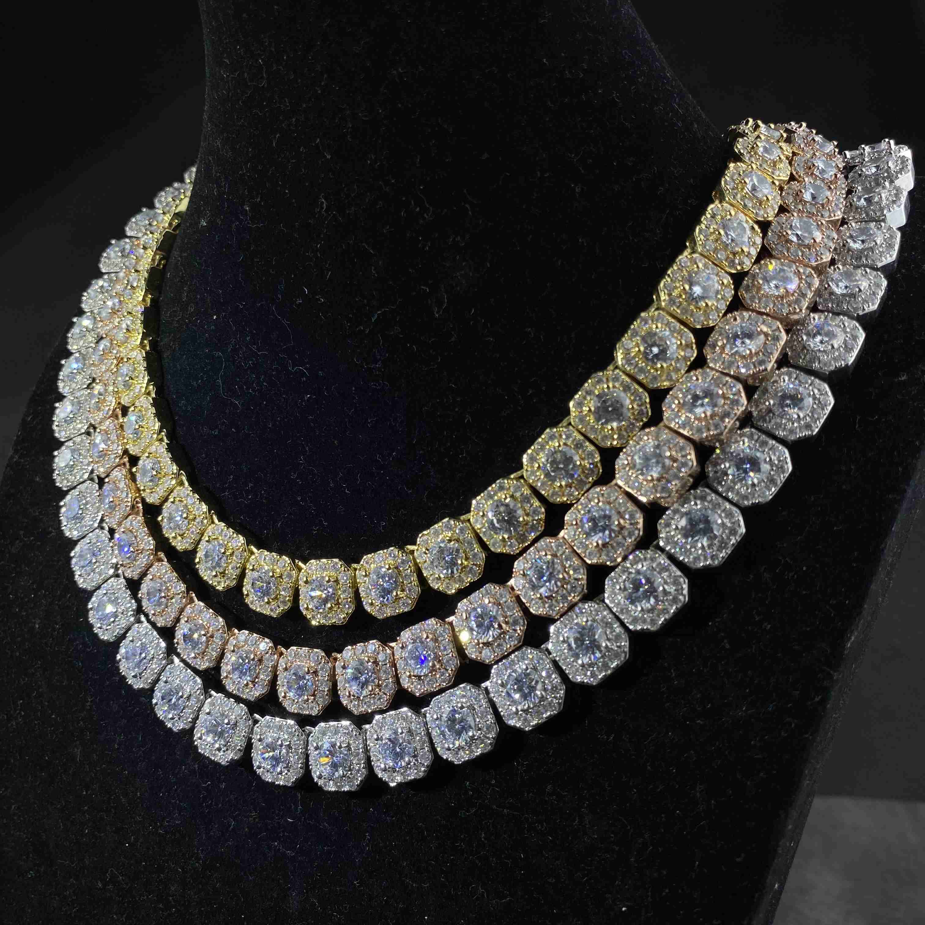 Custom Hip Hop Silver Gold Plated AAA+ Cubic Zircon Iced Out Cluster Tennis Link Chain Necklaces for Women Men