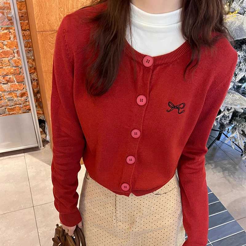 Embroidery Cropped Cardigans Women Long Sleeve Knitwear Tops Autumn Winter Casual O Neck Korean Ladies Black Sweaters XJ250819