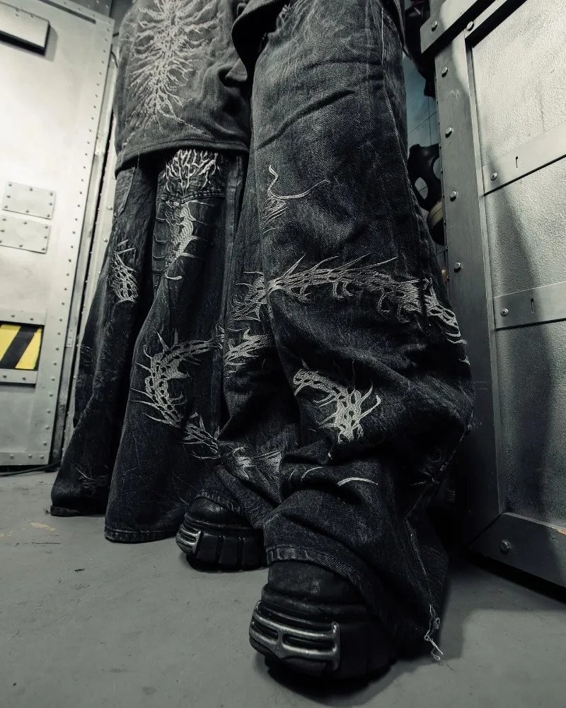 90s Gothic Centipede Embroidery Washed Oversized WideLeg Pants Jeans Men Y2K Harajuku Punk HipHop Rock Couple Street Wear 250915