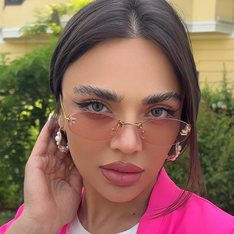 Oval Small Frame New Frameless Cut Edge Personality Glasses Unique F Letter Dot Diamond Sunglasses