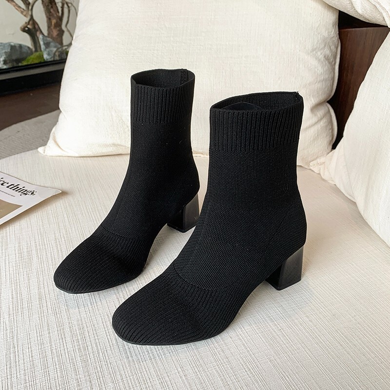 Women's Slim 2025 Autumn Winter New Pointed Toe Black Chunky High Heel Mid-Calf Sock Fly Knit Stretch Boots ddmymoon