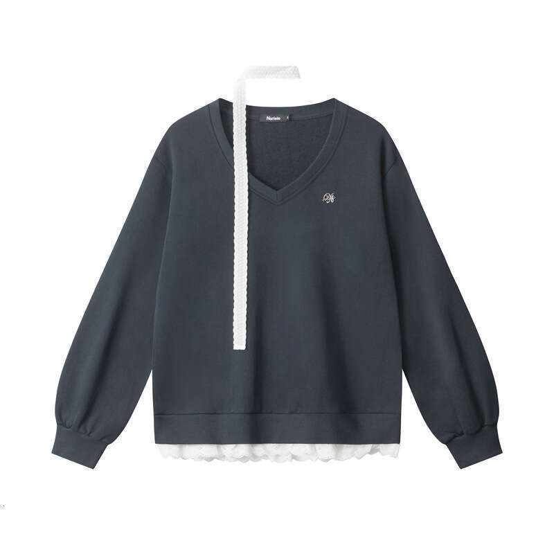 Fake Two-Piece Lace Patchwork Neck Scarf Design Top Women V-Neck Loose Sweatshirt Hot Girl Style B5