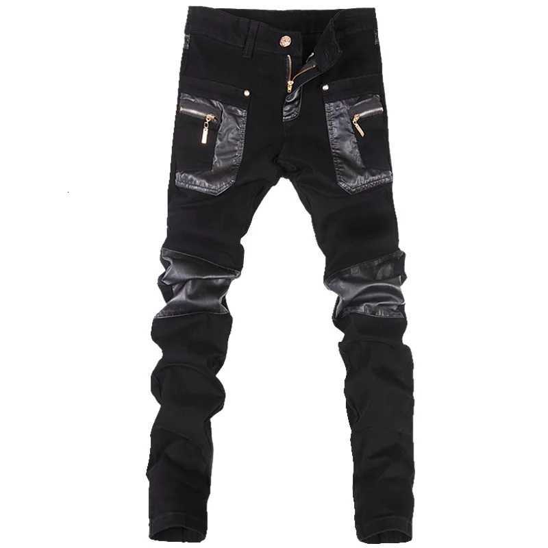 New Fashion Men Leather Pants Patchwork Casual Skinny Mens Motorcycle Jeans High Quality Mens Slim Trousers Jeans Size 28-36 W250819