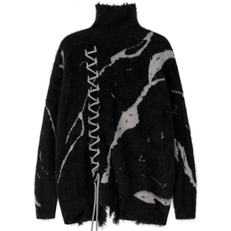 Dark Turtleneck Sweater Mens INS Winter Clothes Splice Color Tassel Weaving Couples Wool Oversize Knitwear Y2k Loose Knit 250819